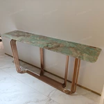Teal Green Stone Console Table with Parallel Tubular Rose Gold Metal Base